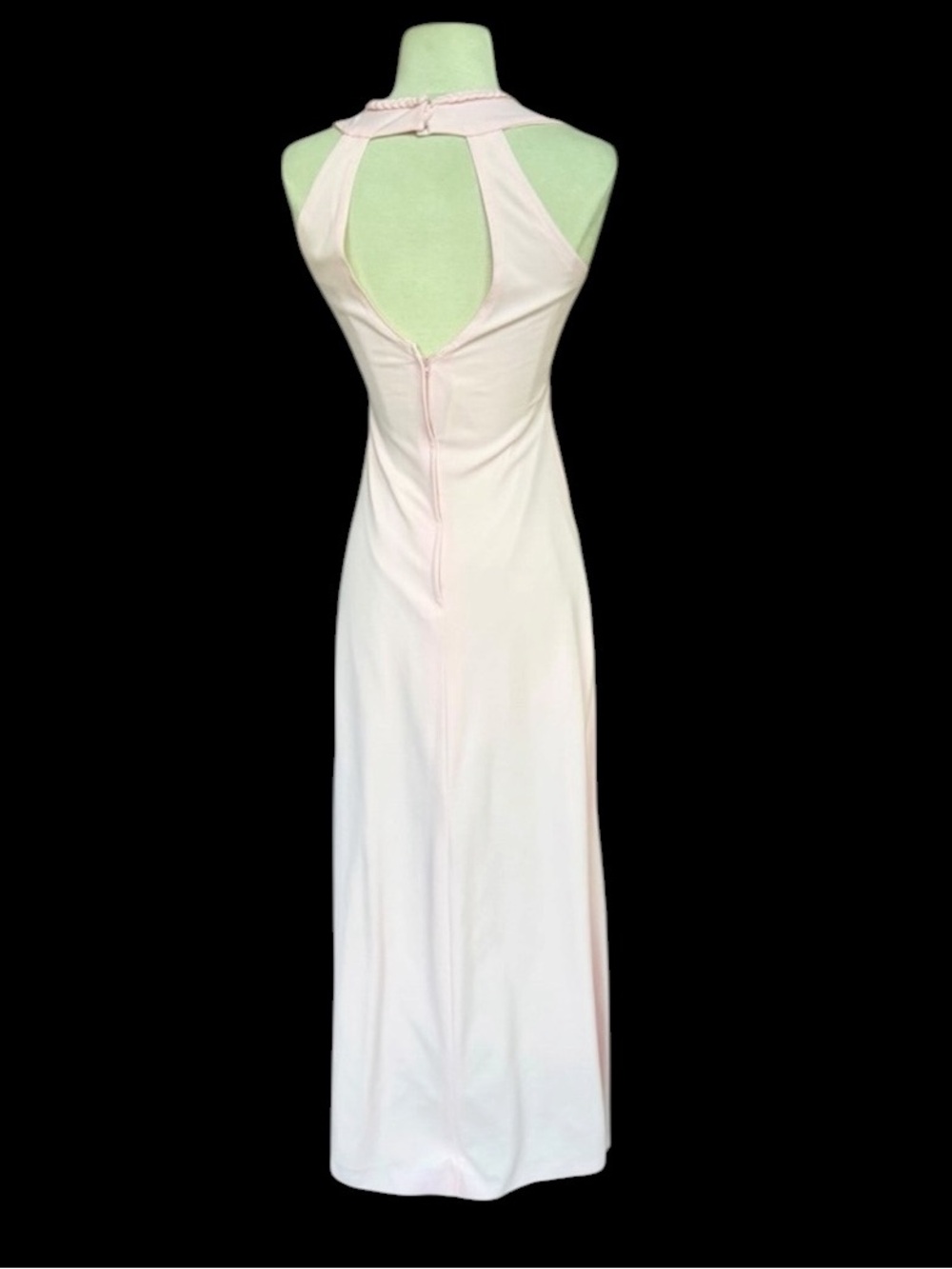 1970s Pale Pink Braided‎ Trim V-Neckline w/Tassels Lined Poly Maxi Dress - Picture 4 of 5